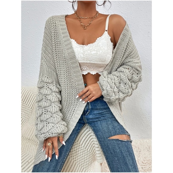 Sweaters - #18 Cozy Grey Open Front Pom Pom Sleeve Cardigan